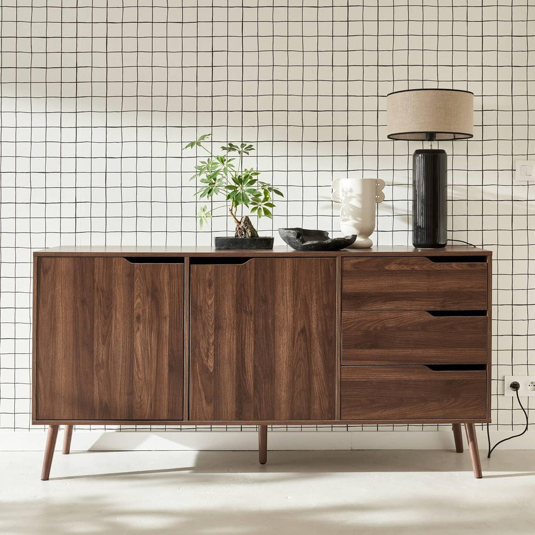 Alice'S Home - Buffet De Rangement Scandinave 2 Portes. 3 Tiroirs. Décor Bois De Noyer. 160Cm | Designix - Amazon    - https://designix.fr/