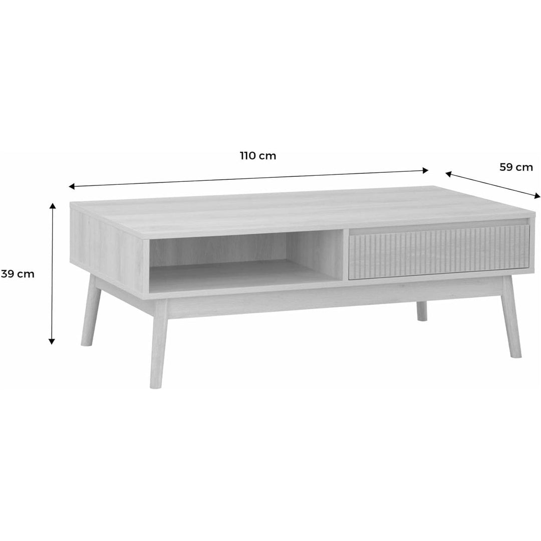 Alice'S Home - Table Basse Couleur Naturelle. Linear. Décor Bois Rainuré. Pieds Compas. 2 Niches. 1 Tiroir. L 110 X L 59 X H 39Cm | Designix - Amazon    - https://designix.fr/