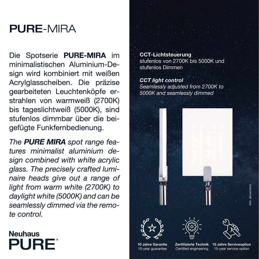 Détail technique de la série Pure-Mira avec têtes de projecteurs et labels de garantie