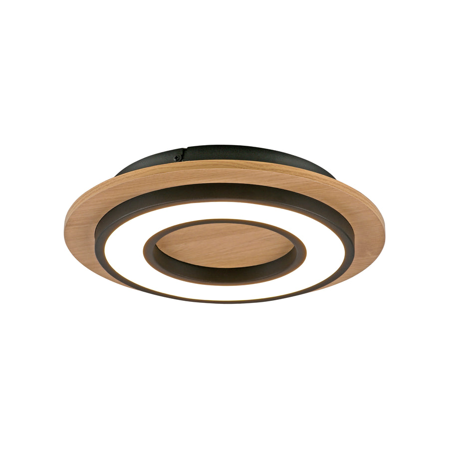 Vue de face du plafonnier, cercles concentriques en bois et noir, LED éteinte