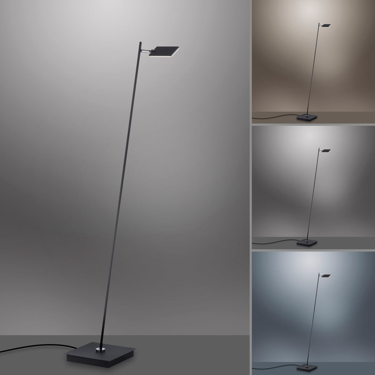 Collage montrant le lampadaire éclairé en lumière chaude, neutre et froide sur fond dégradé