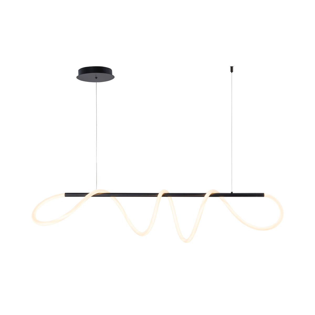 Vue de face du luminaire suspendu noir, barre horizontale et ruban lumineux en boucles ondulées.