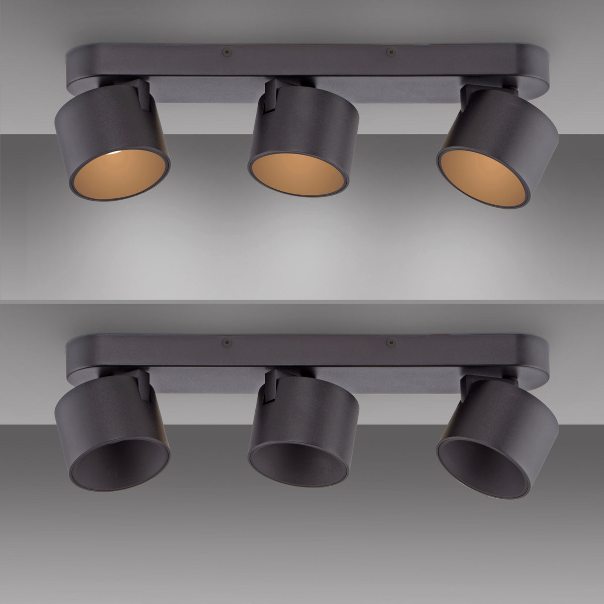 Détail des trois spots noirs à intérieur doré, vus de dessous et orientés différemment.