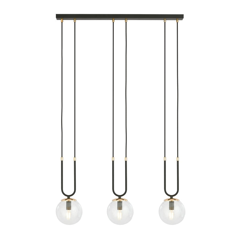 Suspension Glam 3 lumières noire, verre transparent