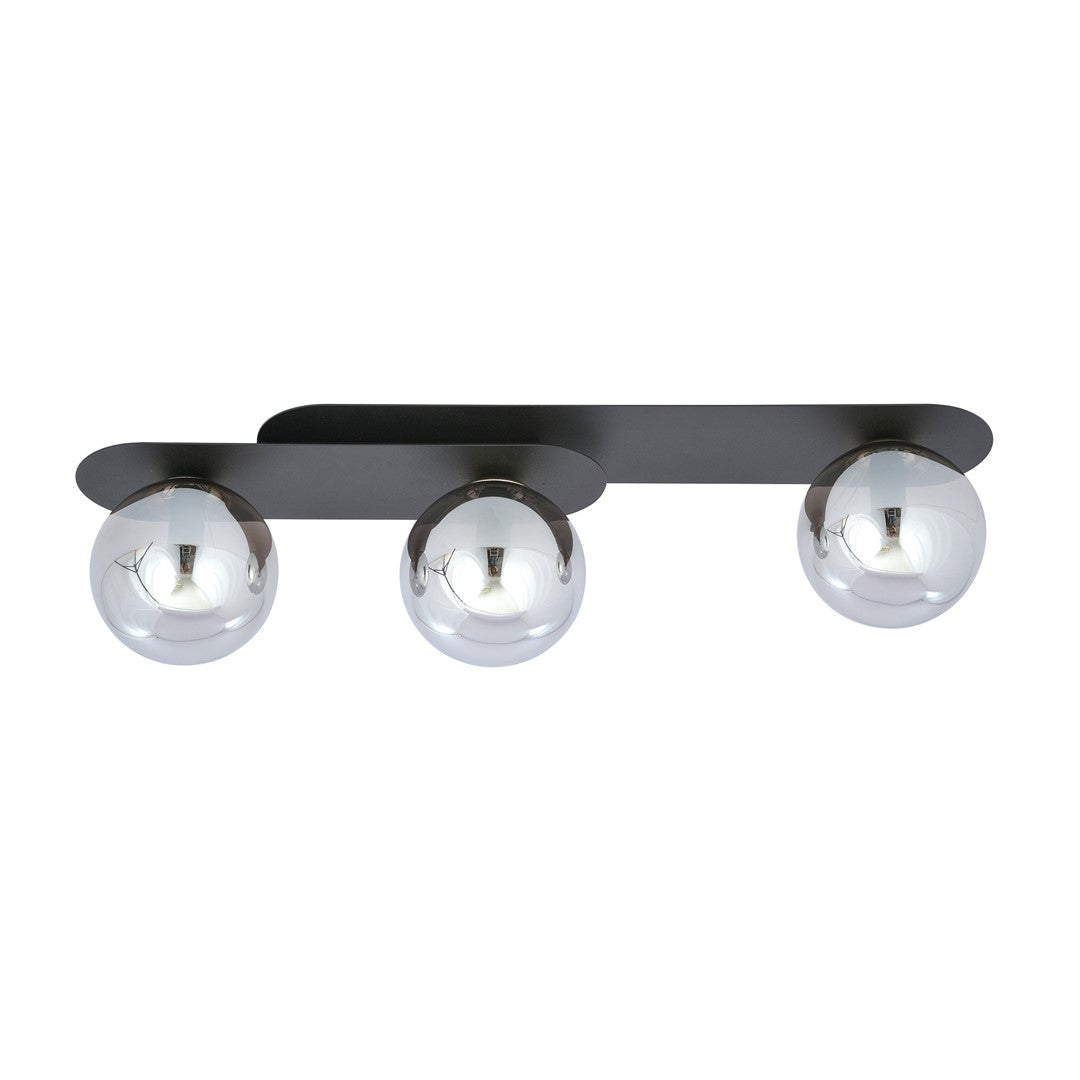 Vue de face du luminaire avec trois sphères en verre laissant voir les ampoules.