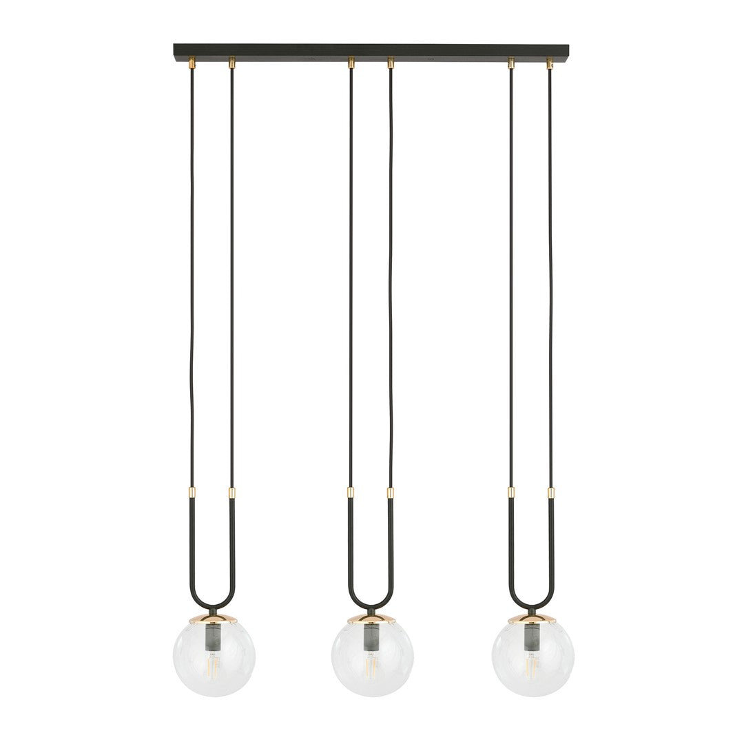 Suspension Glam 3 lumières noire, verre transparent