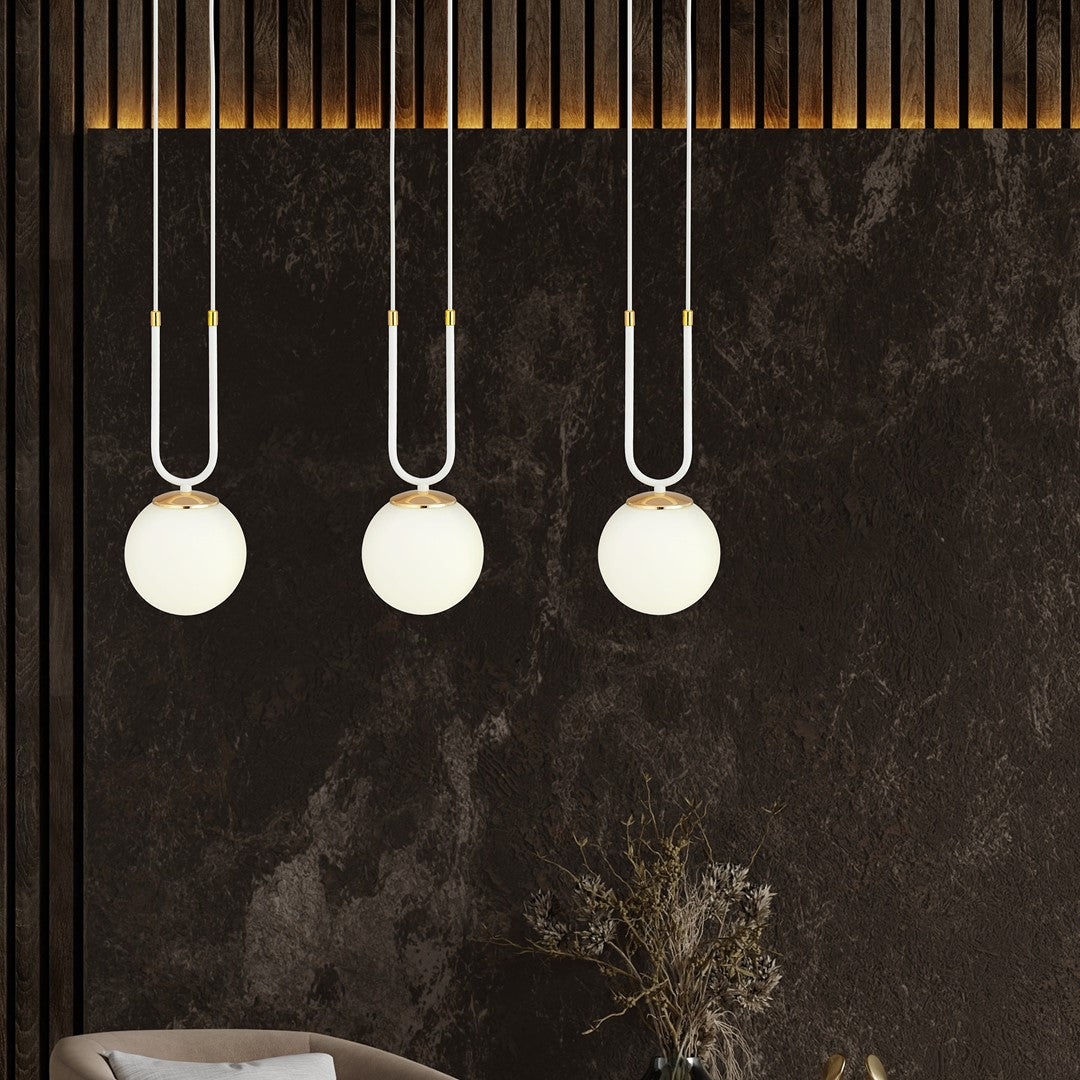 Suspension Glam 3 lumières blanche, verre opale