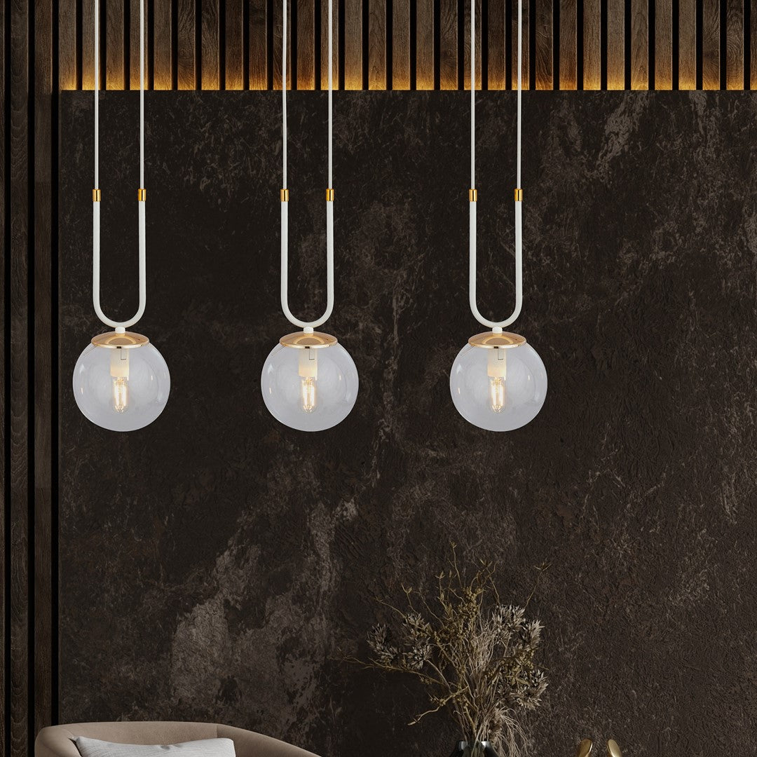 Suspension Glam 3 lumières blanche, verre transparent