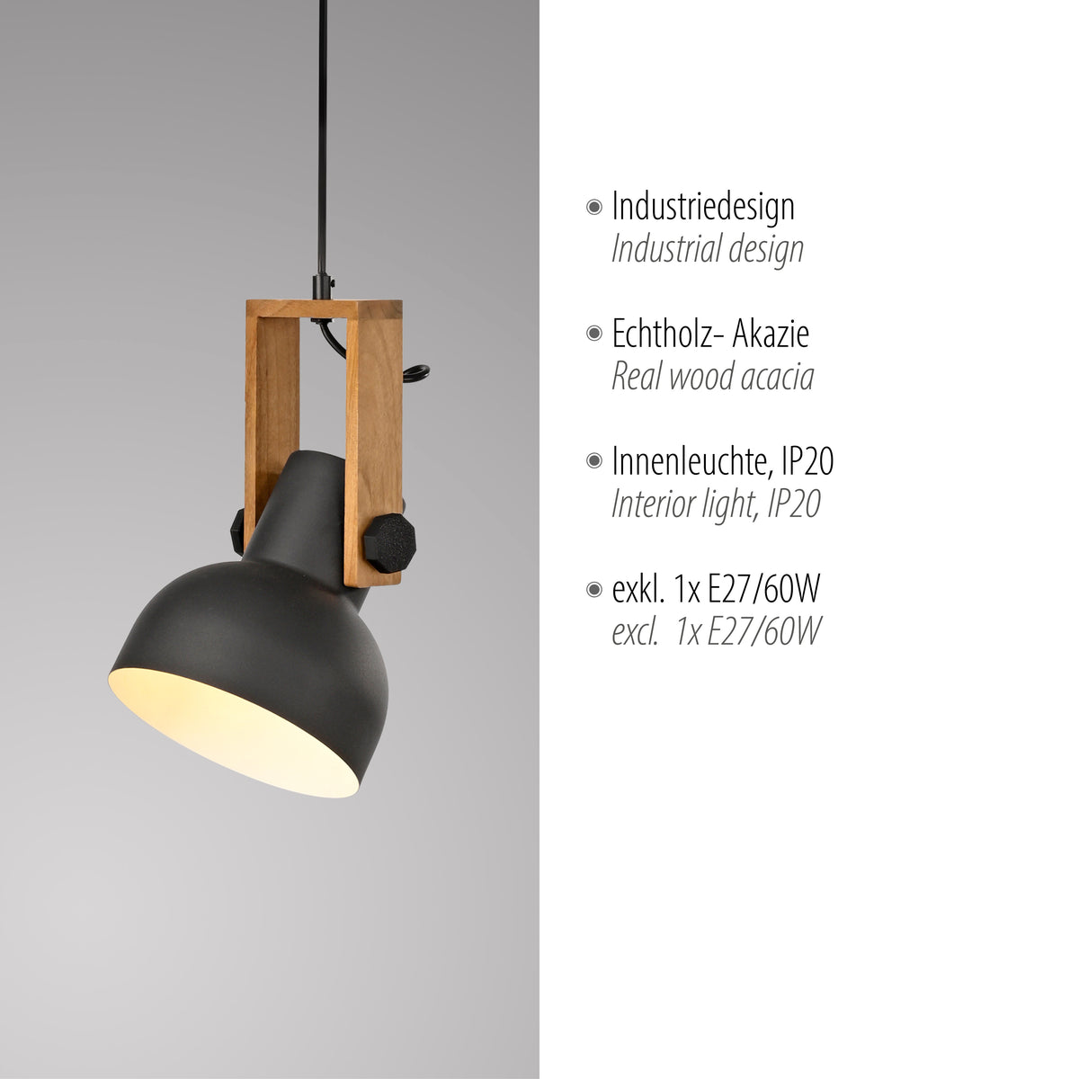 Détail du produit avec liste des caractéristiques : design industriel, bois d'acacia, IP20.