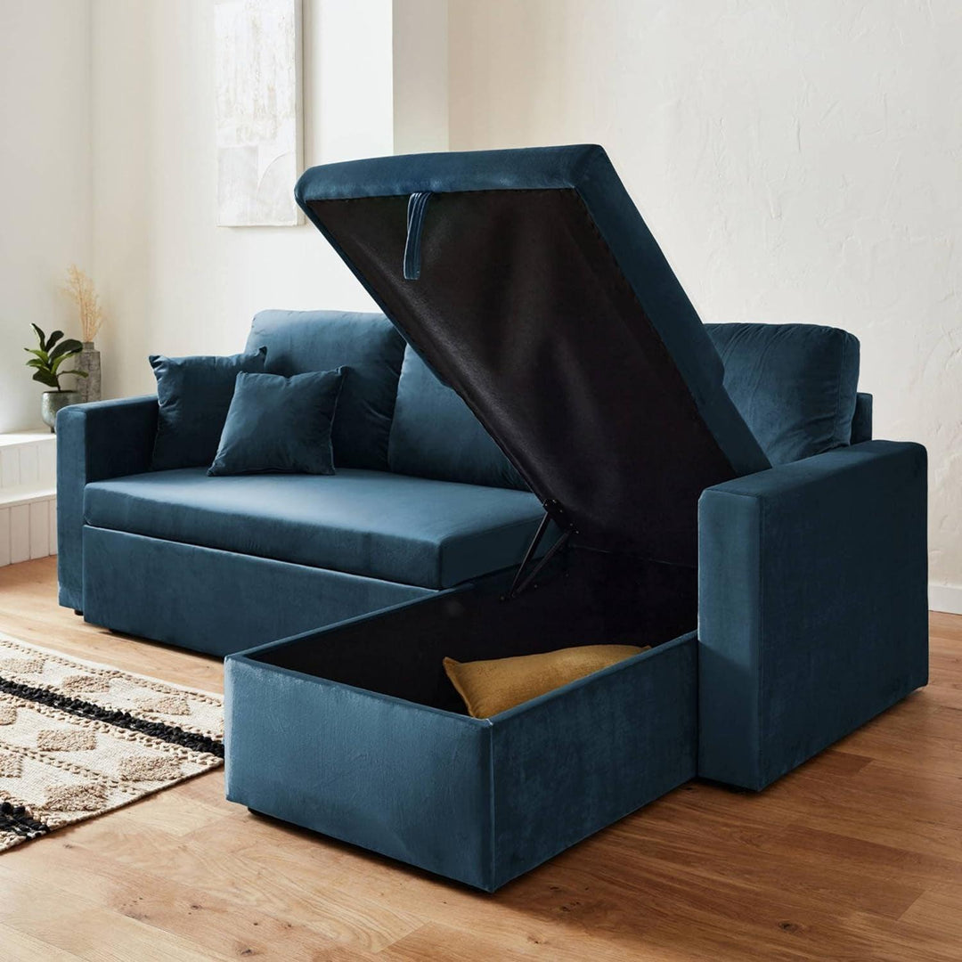 Alice'S Home - Canapé D'Angle Convertible En Velours Bleu Pétrole 3 Places. Fauteuil D'Angle Réversible Coffre Rangement Lit Modulable | Designix -     - https://designix.fr/