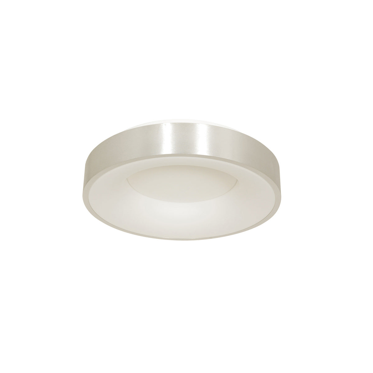 Second angle du plafonnier, diffuseur blanc opaque sous bague en métal argenté.