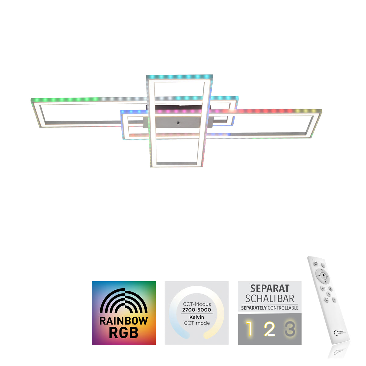Visuel produit avec icônes RGB Rainbow, température CCT et télécommande fournie