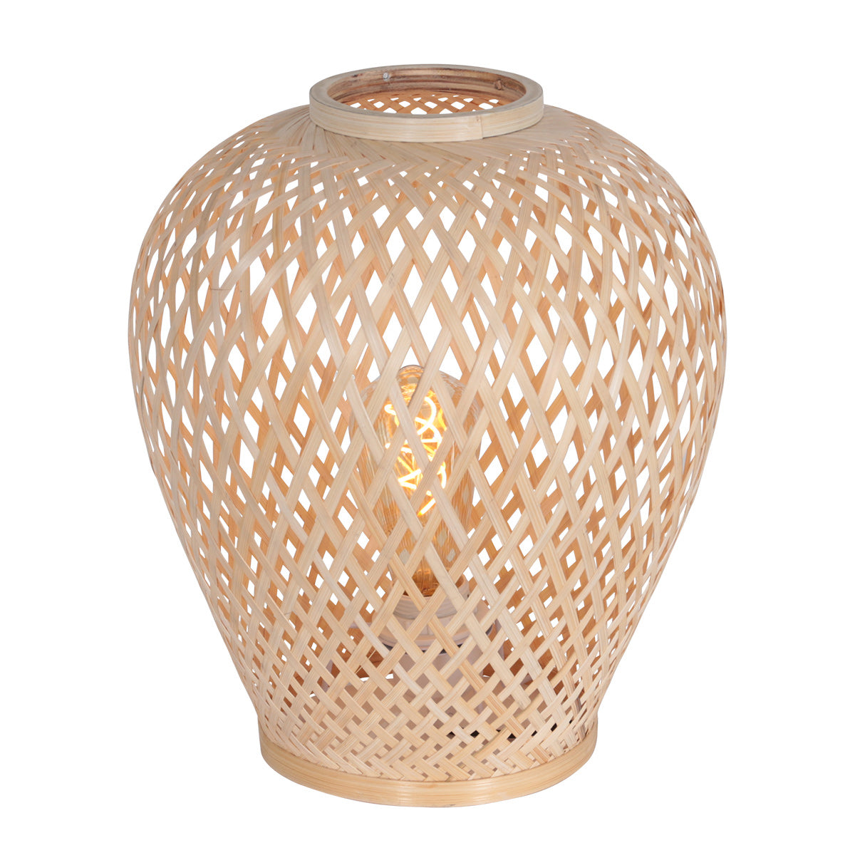 Lampe de chevet bambou Maze vue de face, abat-jour vase en bambou clair tressé