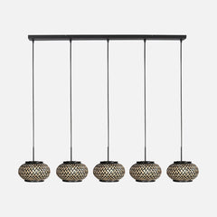 Suspension bambou 5 lumières, barre 110 cm & abat-jours tressés | Lombok