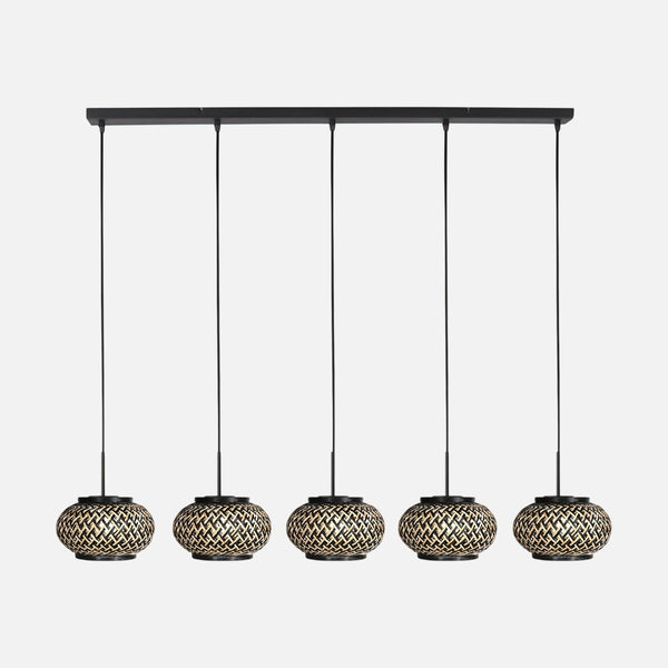 Suspension bambou 5 lumières, barre 110 cm & abat-jours tressés | Lombok