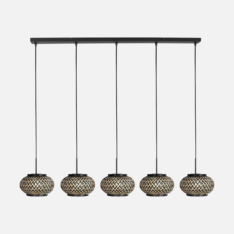 Suspension bambou 5 lumières, barre 110 cm & abat-jours tressés | Lombok