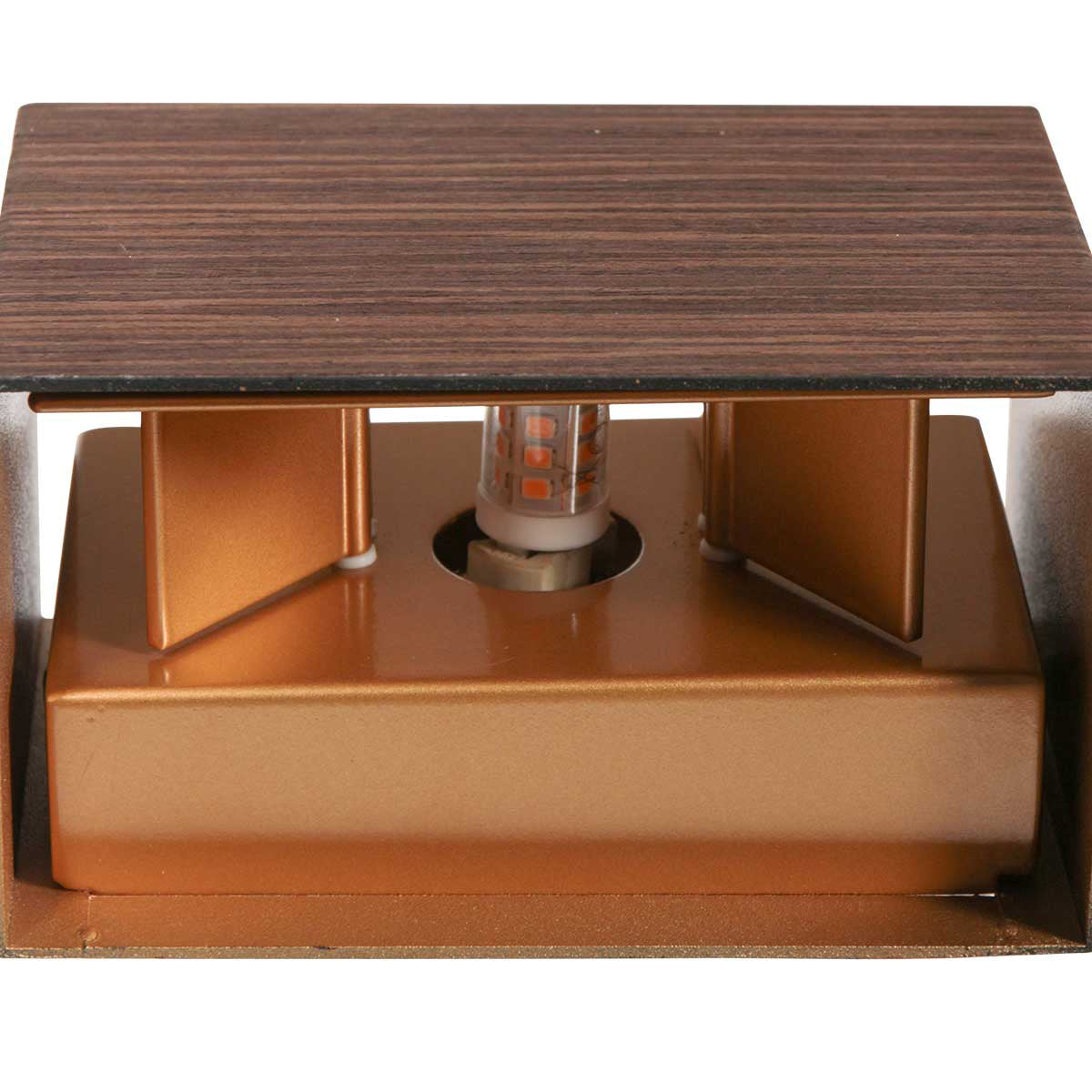 Détail de l'applique aspect bois : volet ouvert et douille G9 avec intérieur doré – Designix.fr