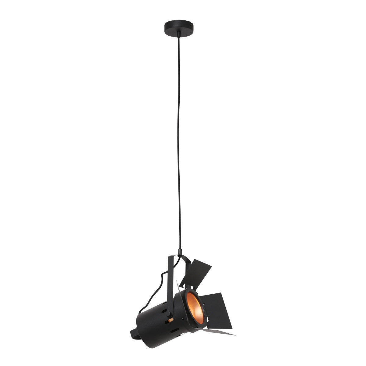 Lampe projecteur cinéma noir Cinéa suspendue, vue d'ensemble avec câble réglable