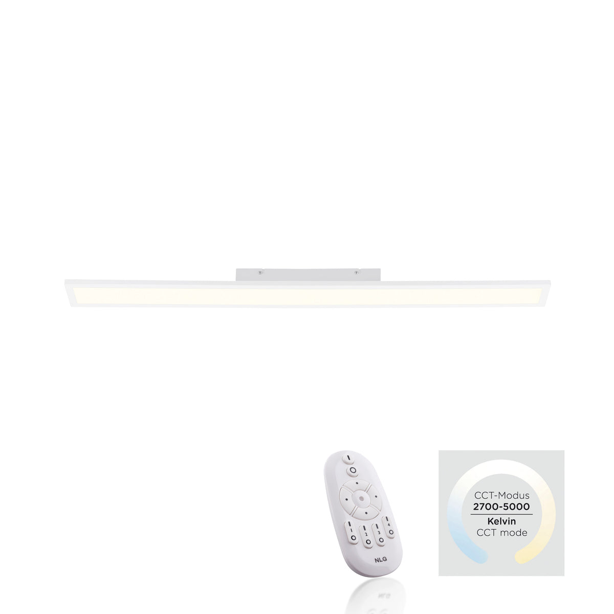 Plafonnier blanc accompagné de sa télécommande et du réglage CCT 2700-5000 K.