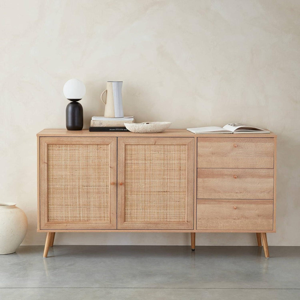 Alice'S Home - Buffet De Rangement Naturel En Cannage 2 Portes 3 Tiroirs L150 X L39 X H79Cm - Bohème | Designix - Amazon    - https://designix.fr/