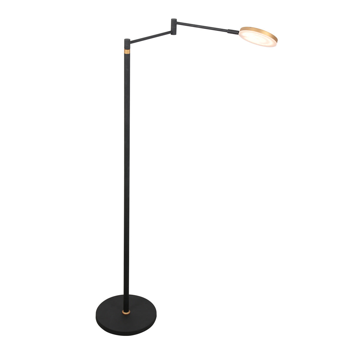 Même lampadaire noir, tête allumée diffusant une lumière chaude, bras replié