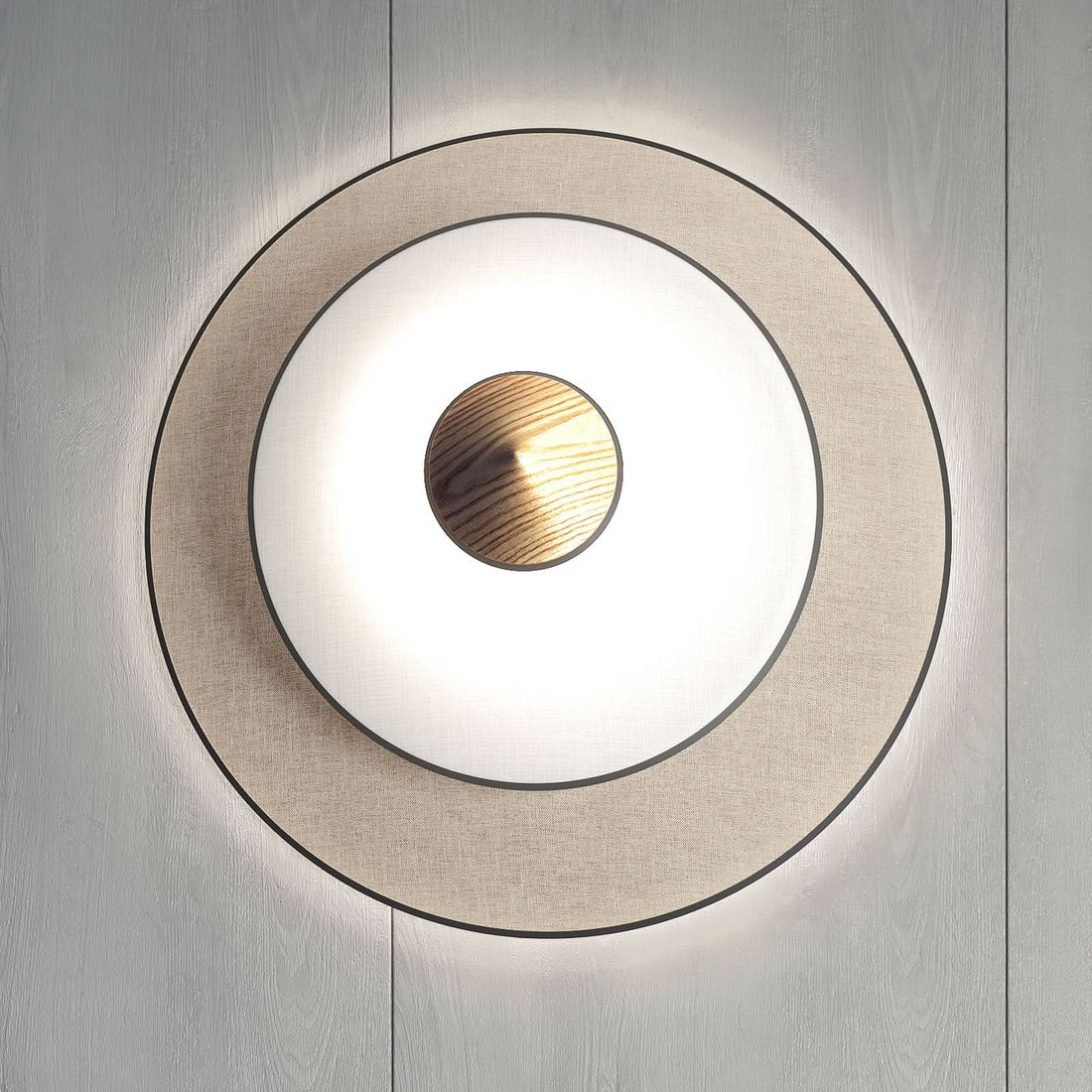 Applique murale LED Cymbal S en velours, beige et bois, Ø 34 cm
