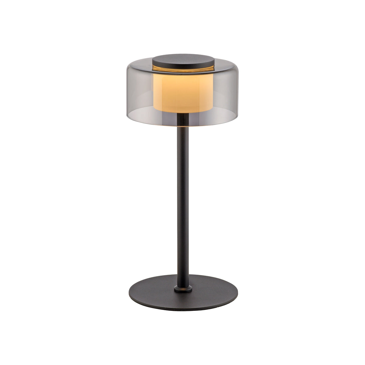 Vue de face sur fond blanc, cylindre de verre fumé et socle rond noir