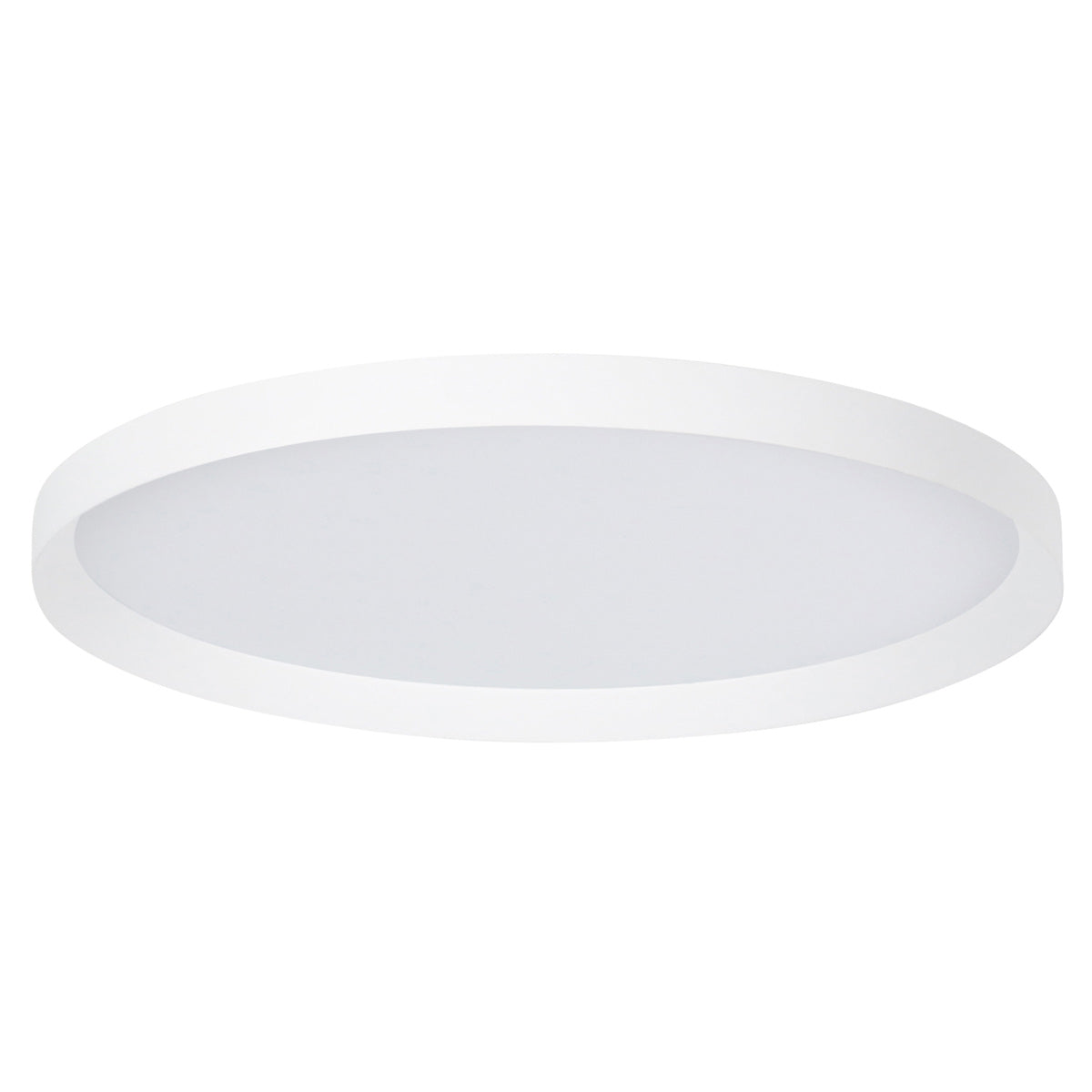 Vue de dessous du luminaire rond blanc, diffuseur opale et cerclage blanc