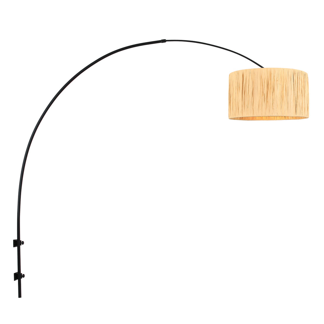 Applique murale raphia, grand bras arc noir & abat-jour herbe naturelle | Naïa