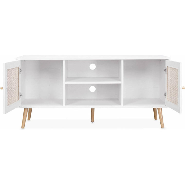 Alice'S Home - Meuble TV En Cannage 120X39X56.5Cm - Bohème - Blanc. 2 Niveaux. 2 Étagères. 2 Portes. Pieds Scandinaves | Designix - Amazon    - https://designix.fr/