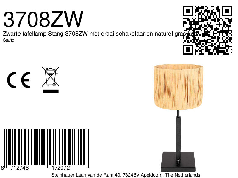Lampe de table noire Stang 3708ZW avec interrupteur rotatif et abat-jour en herbe naturelle