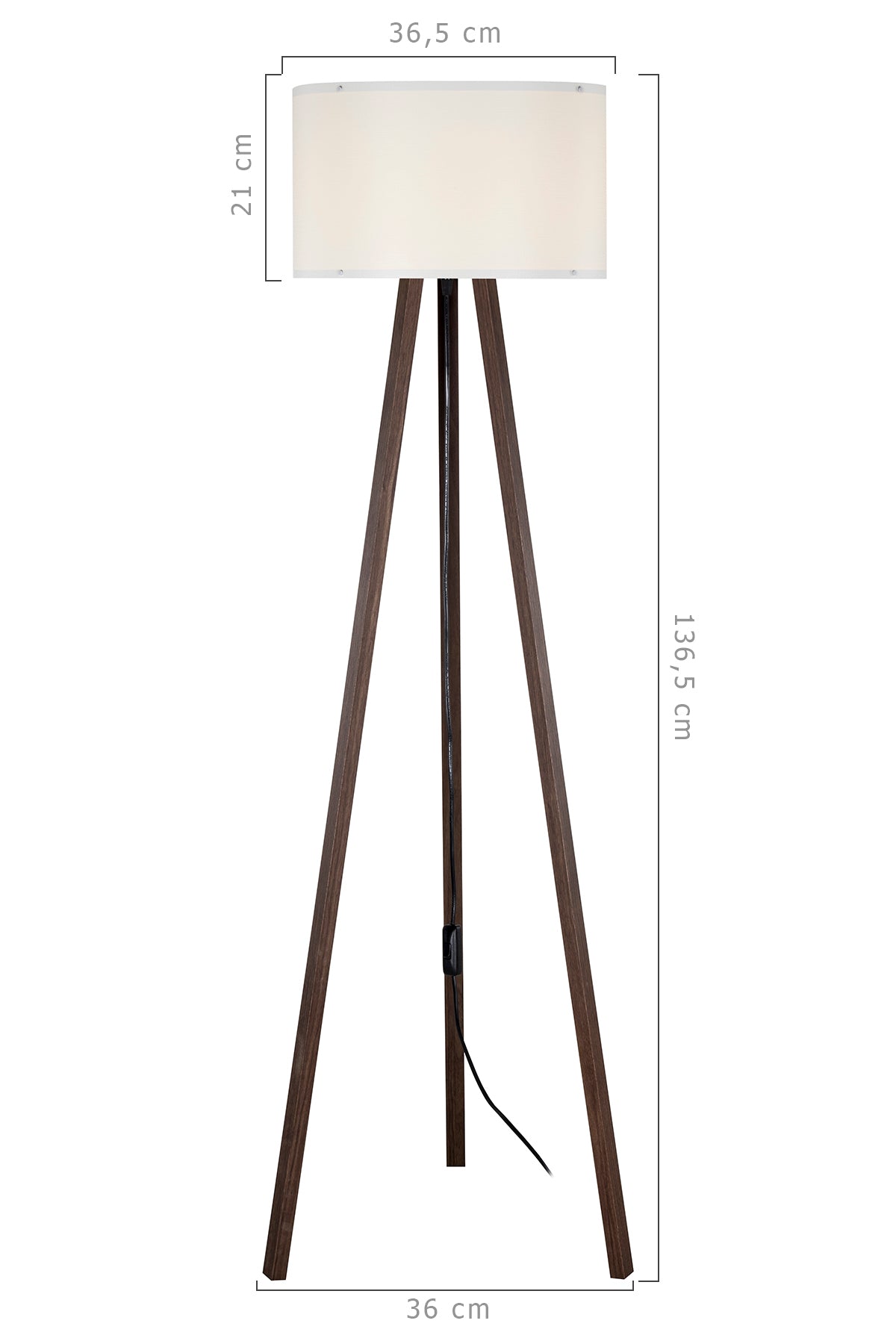 Schéma coté indiquant hauteur 136,5 cm, diamètre abat-jour 36,5 cm et base 36 cm