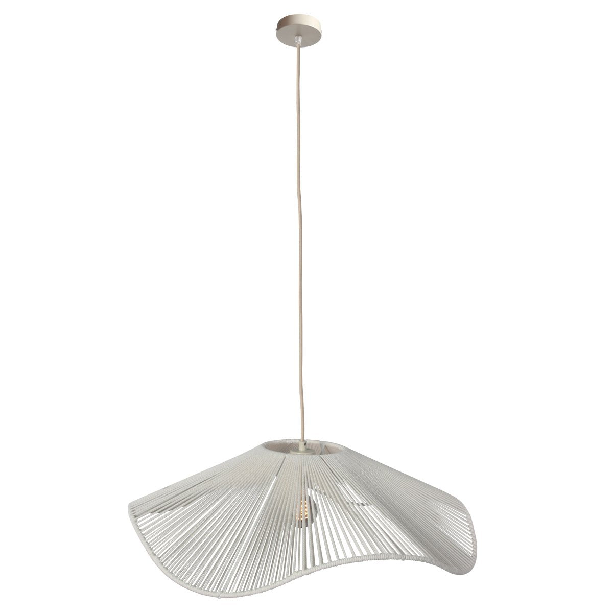 Vue entière du luminaire suspendu avec câble long et rosace au plafond.