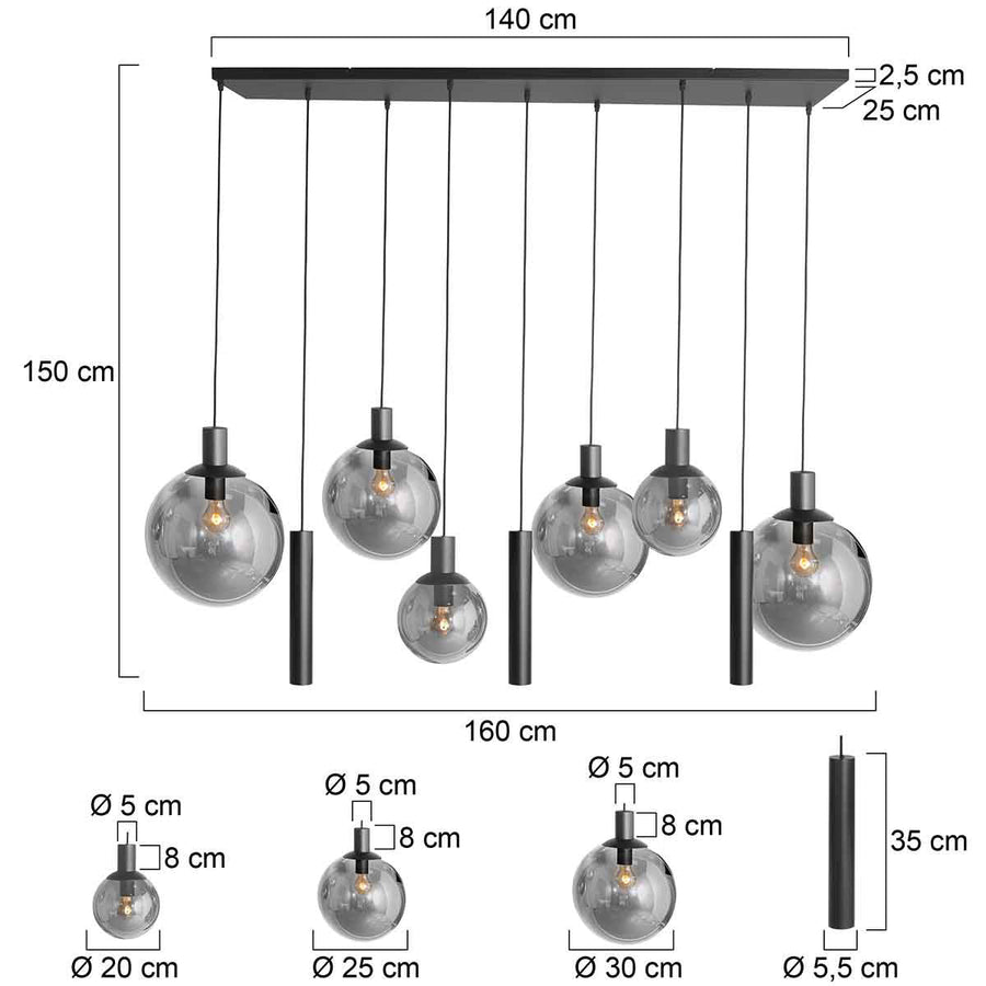 Dimensions du lustre Bollique : largeur 160 cm, hauteur 150 cm, globes Ø 20/25/30 cm