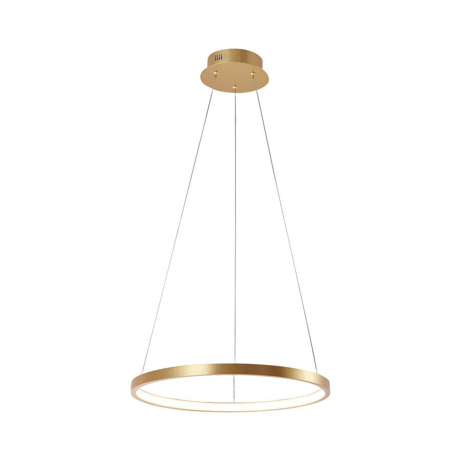 Vue entière du luminaire sur fond blanc, câbles et rosace dorée visibles