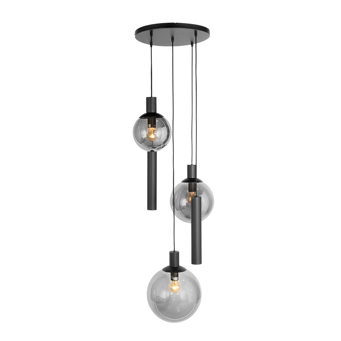 Suspension escalier en verre fumé, 3 boules + 2 spots, hauteur réglable | Bollique
