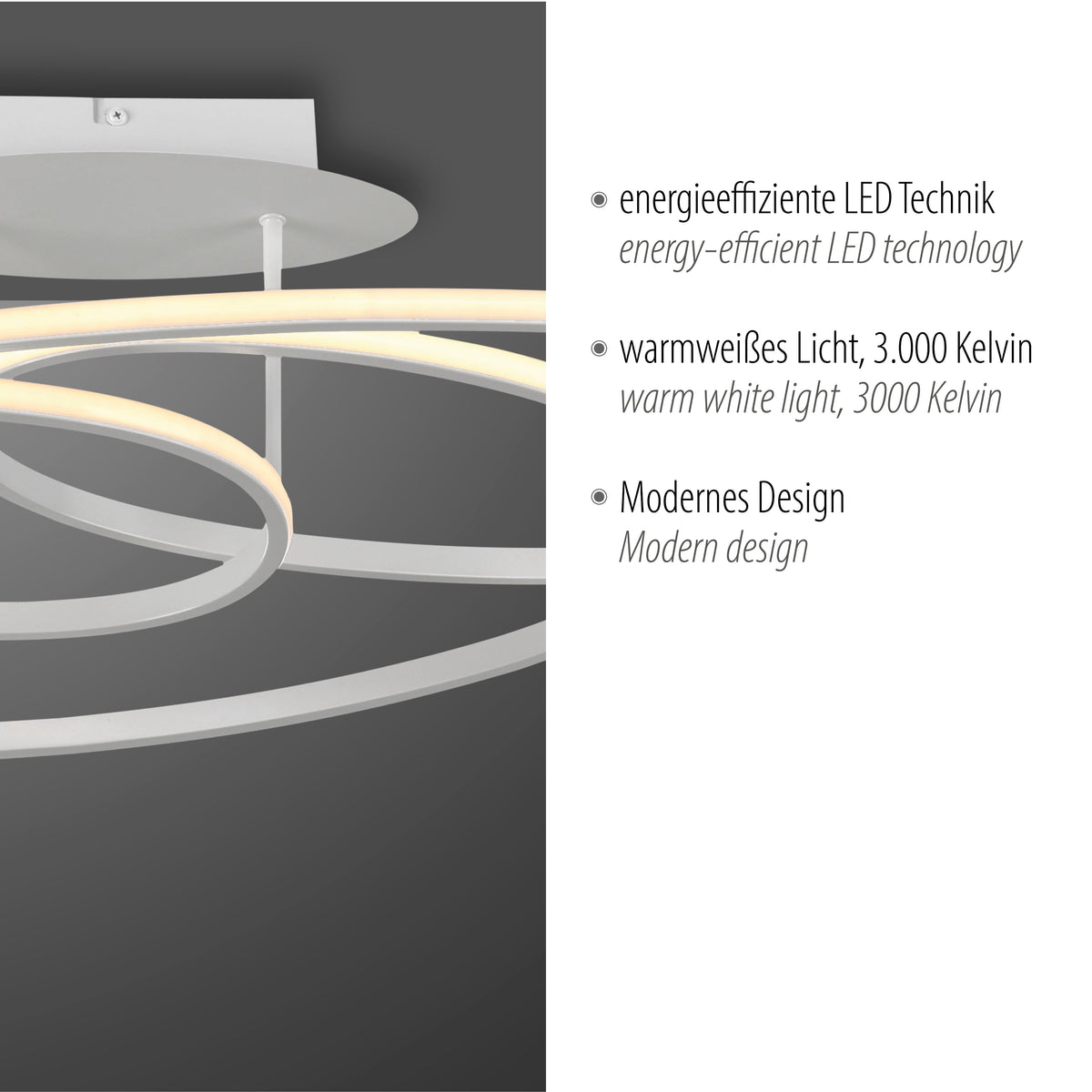 Détail des anneaux lumineux avec texte allemand sur la technologie LED et lumière chaude.
