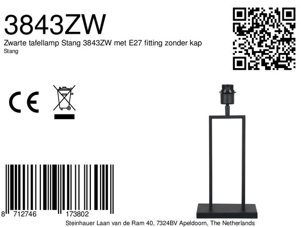 Lampe de table Stang 3843ZW noire sans abat-jour avec culot E27