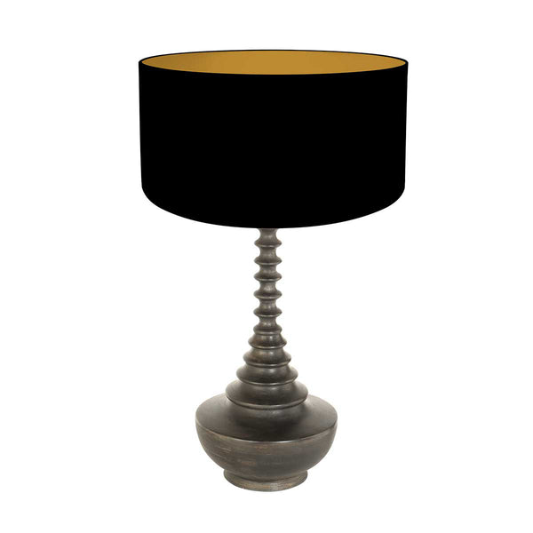Pied de lampe Bois 3974ZW noir-brun avec abat-jour en lin noir et doré