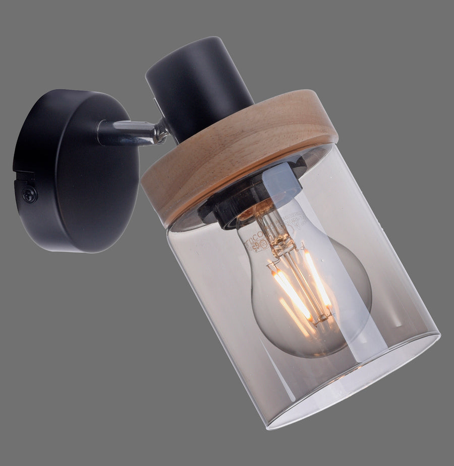 Applique murale noire, cerclage en bois clair et abat-jour cylindrique en verre fumé