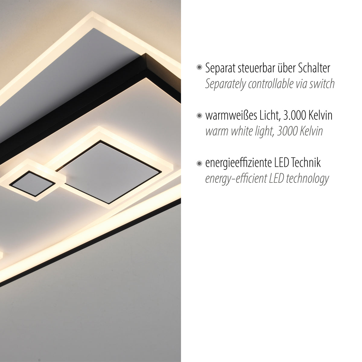 Détail de la finition lumineuse et textes sur la commande séparée et la température de couleur