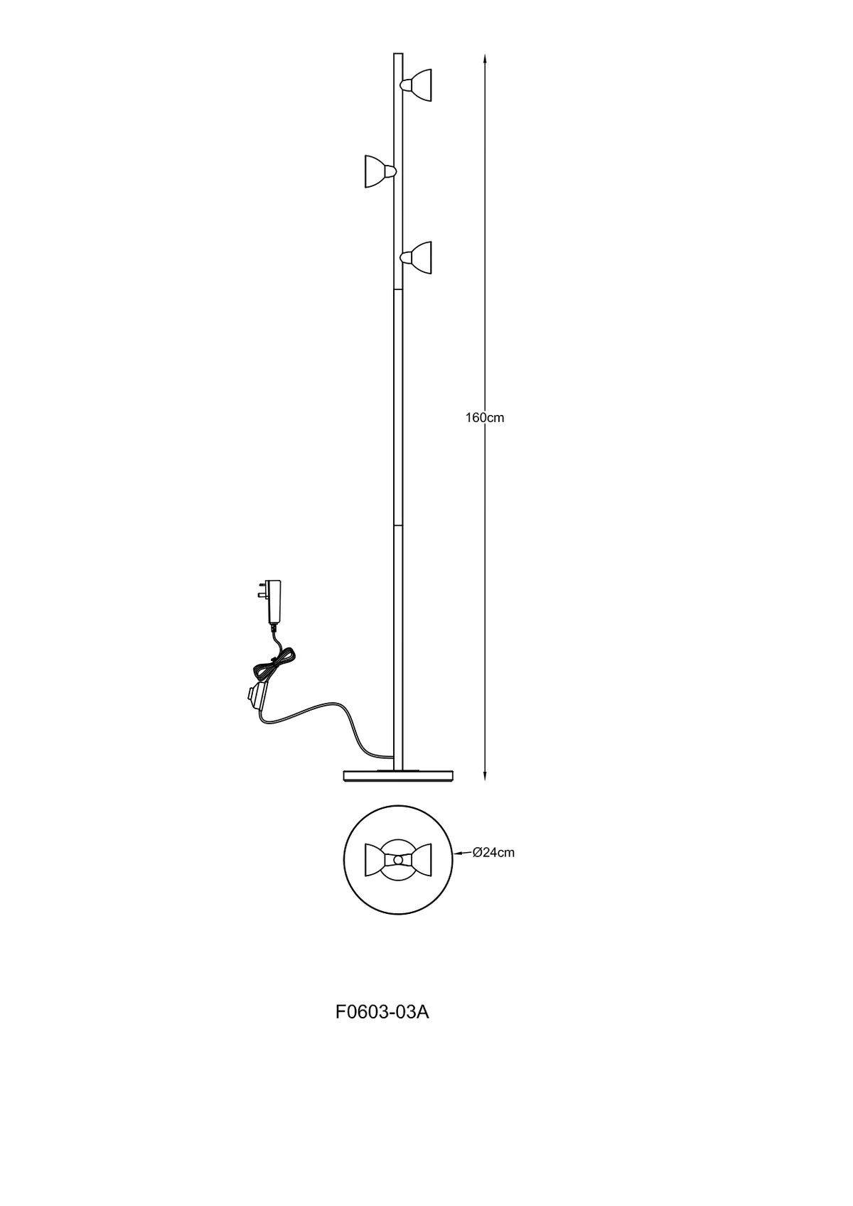 Schéma coté du lampadaire : hauteur 160 cm et base ronde de 24 cm de diamètre