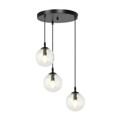 Suspension Cosmo 3 lumières noire, verre transparent, Premium