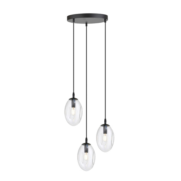 Suspension Astral 3 lumières noire, verre transparent