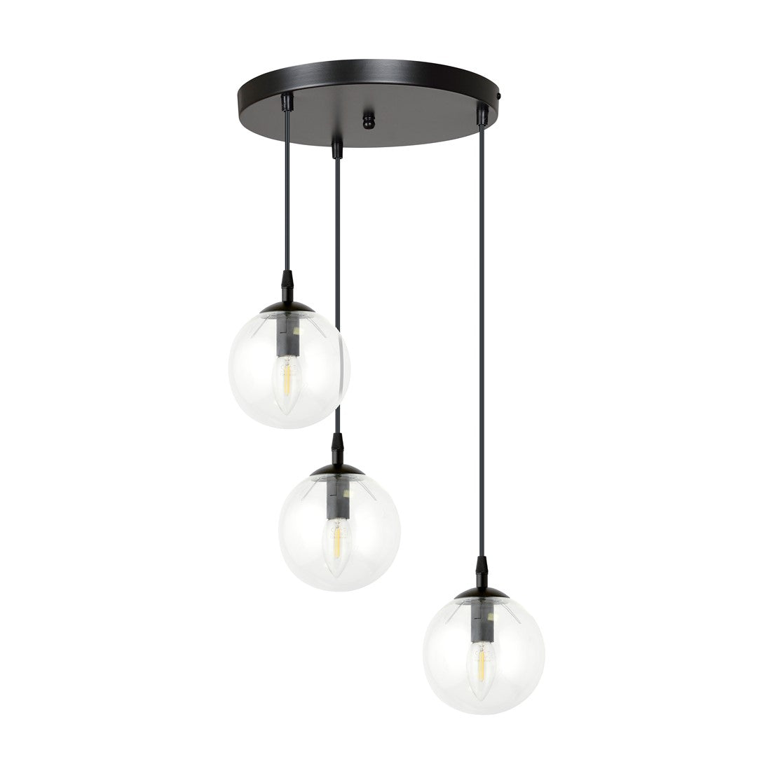 Suspension Cosmo 3 lumières noire, verre transparent, Premium