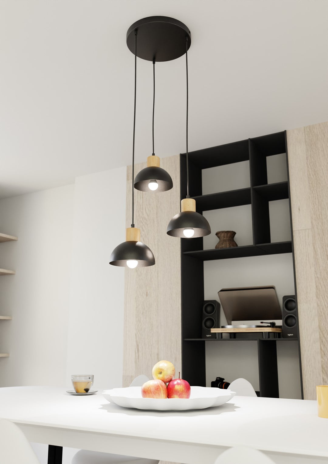 Suspension allumée au-dessus d'une table blanche dans une salle à manger contemporaine