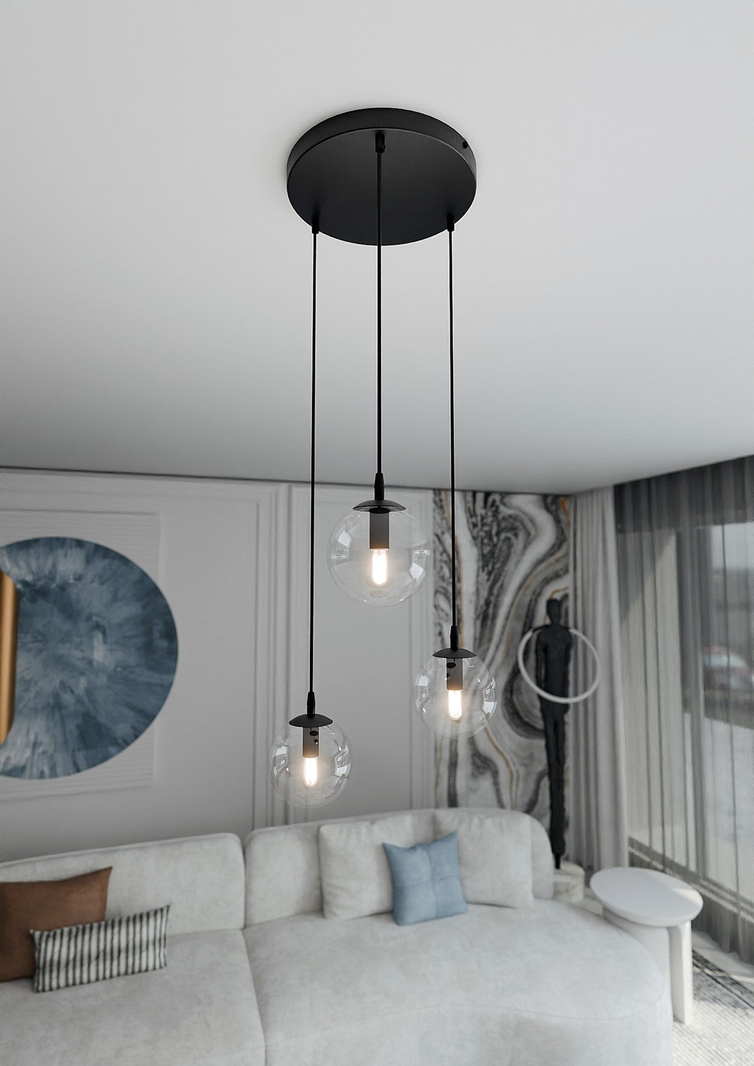 Suspension Cosmo 3 lumières noire, verre transparent, Premium