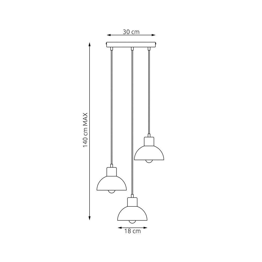 Schéma coté montrant rosace de 30 cm, hauteur maximale 140 cm et abat-jour de 18 cm