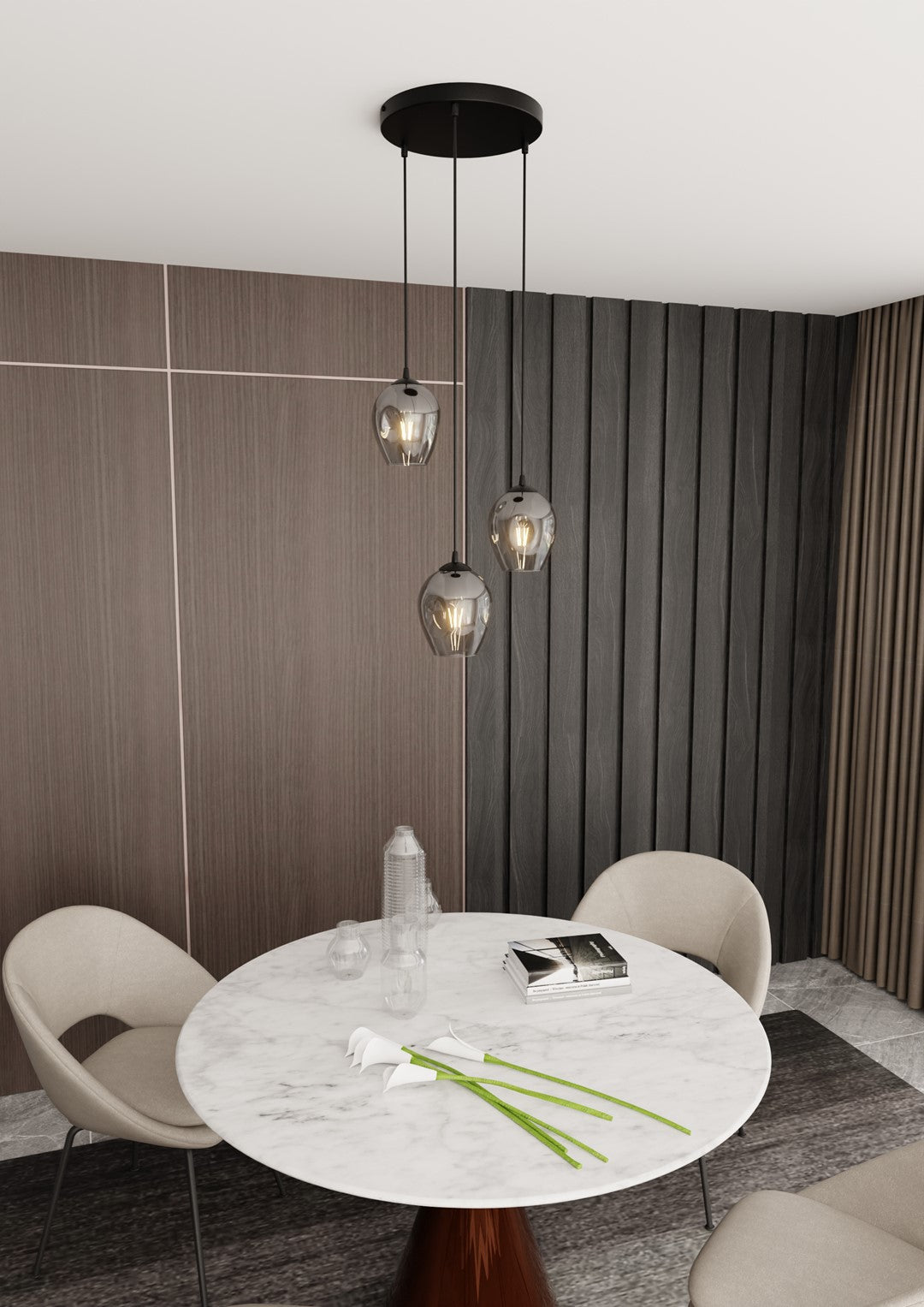 Mise en ambiance salle à manger, suspension au-dessus table ronde marbre, murs bois