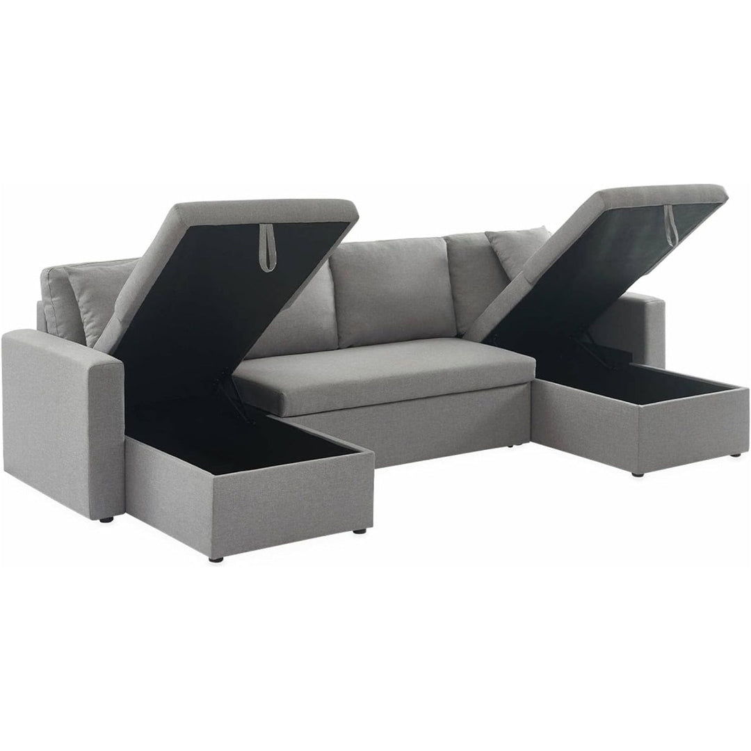 Alice'S Home - Canapé Panoramique Convertible En Tissu Gris Clair. 4 Places. Coffre Rangement. Lit Modulable | Designix -     - https://designix.fr/